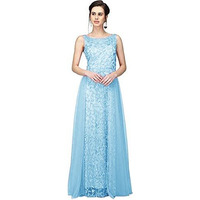 PATLANI Women's Net Fit and Flare Knee-Length Dress (All Over-New_Light Blue Small