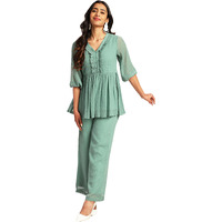 Janasya Women's Sage Dobby Chiffon Woven Design Peplum Co-ord Set (SET966-CO-ORD-J-L)