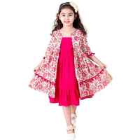 Pspeaches Girls Magenta White Floral A-Line Cotton Below The Knee Dress with Attached Shrug (Pink-10-12Y)