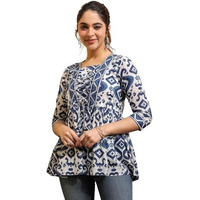 NAINVISH Women's Blue Floral Printed A-line Cotton Blend Square Neck Top (SD669_T-XXL)
