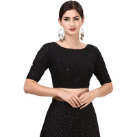 OOMPH! Cotton Readymade Blouse for Women, Hakoba, Black, Boat Neck