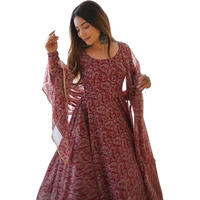 Women Floral Print Anarkali Kurta with Pant and Duptta (Large, Maroon)