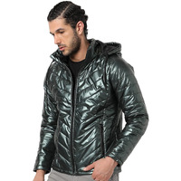 Campus Sutra Men's Metallic Green Quilted Puffer Regular Fit Bomber Jacket For Winter Wear | Hooded Collar | Full Sleeve | Zipper | Casual Jacket For Man | Western Stylish Jacket For Men