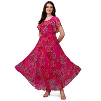 Fashion2wear Women's Georgette Digital Floral Printed Full-Length Fit & Flare Long Gown Dress | Short Sleeve | Dress for Women (XX-Large | Pink | Flower | Pink_Flower_XXL)