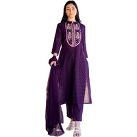 GoSriKi Women's Cotton Blend Straight Printed Kurta with Pant & Dupatta (RAJI-BEGANI-GS_L_Purple_Large)