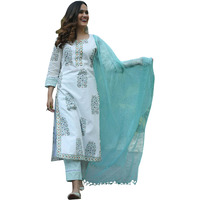 KLOSIA Women Pure Cotton Printed Straight Kurta with Pant & Dupatta Suit (XX-Large) White