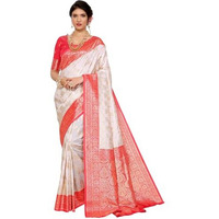 Yashika Women's Plain Floral Print Banarasi Kanjivaram Art Silk Saree Specially for Durga Puja with Unstitched Blouse Material (AZ-YS-P1-FLOWER New_White)
