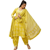 KLOSIA Women Viscose Printed A-Line Kurta and Pant Set with Dupatta (in, Alpha, L, Yellow)