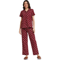 Amazon Brand - Myx Women's Cotton All Over Print Pajama Set/Night Suit Set Pack Of 1 (Aur-Slp-04_Maroon_M Medium)