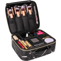 INOVERA (LABEL) Faux Leather Makeup Organizer Bag for Women, Girls & Bride - Travel Cosmetic Kit Storage Organiser - Toiletry Vanity Box with Adjustable Compartment, 26l x 23b x 9h cm (Black Marble)