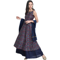 Janasya Women s Blue Poly Muslin Embroidered Kurta with Palazzo and Dupatta