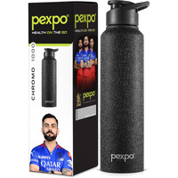 PEXPO Chromo Pro Stainless Steel Sports/Fridge Sipper Water Bottle 1000ml, Black| Eco friendly | Water Bottle for Office, Gym, School, Yoga, Trekking, Men, Women and Kids | RCB Edition