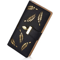 INOVERA (LABEL) Black Vegan Leather Women s Leaf Bi-fold Card Coin Holder Long Purse Clutch Wallet (KK22)