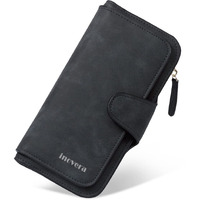 INOVERA (LABEL) Black Vegan Leather Women s Tri-fold Women Fashion Card Coin Holder Ladies Long Purse Clutch Wallet (18.5H x 3W x 10L cm, KK24)