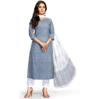 Rajnandini Women s Pure Cambric Cotton Embroidered Kurta Set with Dupatta (JOPLVL212-XL_Grey & White_XL)