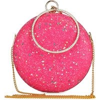 TOOBA Women Handicraft Beautiful Round Box Clutch Bag Purse for Bridal, Casual, Wedding Bag for Women & Girls (Glittering Light Magenta)
