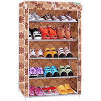 FLIPZON Multipurpose 5 Shelves Shoe Rack with Zip Door Cover & Side Pockets, Multiuse Wide Shelve Storage Rack for footwear, Toys, clothes with Dustproof Cover (5 Shelves) (Biege)