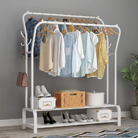 Lukzer Multi-Functional Cloth Stand: Heavy-Duty Curved Metal Double Garment Stand with Double Poles, 2 Bottom Shelves, and Side Hook  Ideal for Bedroom and Living Room (White, 34x110x148 cm/MGS-003)
