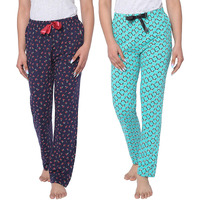 Real Basics Women s Cotton Printed Pyjama Pack Of 2(Rb-W-Pj-3Xl-P2-S2(Panda+Cherry)_Multicolor_3Xl), Casual Style, Green,Navy Cherry