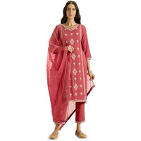 Kaari Rayon Staple 3 PCS Women Kurta Set (KAAAW24WSKD-82020_Rozaana Pink_L)