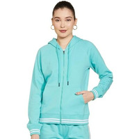 FYLTR Women's Hoodie with Stripe Rib Detail - Sporty Raglan Sleeve | Spacious Side Pockets | Full Zipper | Casual Winterwear for Women Tropical Teal
