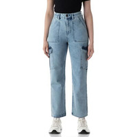 INKD Women's Elasticated Waistband Jeans with Cargo Pockets - High Rise | 6 Pocket Styling (INKSS24WJN-403-Cosmic Cloud-34), Blue
