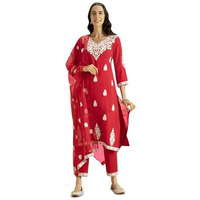 Kaari Rayon Staple 3 PCS Women Kurta Set (KAAAW24WSKD-82023_Indian Chilli Red