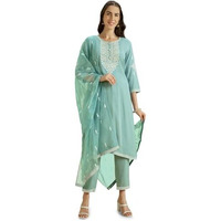 Kaari Rayon Staple 3 PCS Women Kurta Set (KAAAW24WSKD-82022_Indian Ocean Blue_XL)