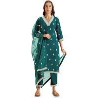 Kaari Rayon Staple 3 PCS Women Kurta Set (KAAAW24WSKD-82024_Peacock Green_XL)