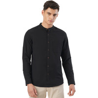 FYLTR Men's Solid Slim Fit 100% Cotton, Linen Look Casual Shirt Black Beauty