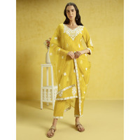 Kaari Rayon Staple 3 PCS Women Kurta Set (KAAAW24WSKD-82023_Marigold Yellow_XL)