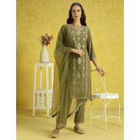 Kaari Rayon Staple 3 PCS Women Kurta Set (KAAAW24WSKD-82020_Mehendi Green_XL)