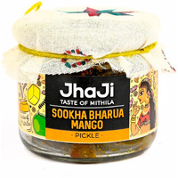 Jhaji Store's Dry Stuffed Mango Pickle | Bihari-Style Aam Ka Sukha Bharua Achar | Little Oil & More Salt | Tangy, Spicy, Sour, and Salty | Dark Brown Mango Pickle | Long Sized Mango Pieces | Bihari-Style Homemade Pickle, 250g