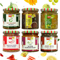 Add me combo pickle box gift pack 6 in 1 dry mango achar 150gm + mixed pickles 200gm + amla murabba 200gm + lsweet emon pickle 200gm + hari mirchi ka achar 200gm + sweet mango jeera chutney 200gm glass jar