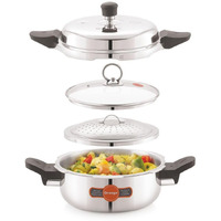 Orange Triply Stainless Steel Multi-Utility Outer lid All In One Pressure Handi/Cooker 3.5L with 3 Different Lids (Pressure Lid, Serving, Strainer) | Induction Friendly | 5 Year Warranty | Silver