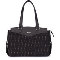 ZOUK Ikat GreRed Printed Jute Vegan Leather Black and Red Womens Office Work Bag With Double Handles Strap