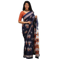 JALTHER Handicrafts Womens Ikat Hand Block Print Jaipuri Cotton Mulmul Saree with Blouse Piece - Blue_3s