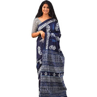 JALTHER Handicrafts Womens Ikat Hand Block Print Jaipuri Cotton Mulmul Saree with Blouse Piece - Blue_48