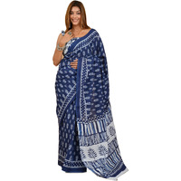 JALTHER Womens Ikat Hand Block Print Jaipuri Cotton Mulmul Saree with Blouse Piece -Blue_Sup_Blue_493_J2