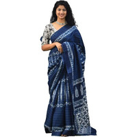 JALTHER Handicrafts Womens Ikat Hand Block Print Jaipuri Cotton Mulmul Saree with Blouse Piece - Blue_43