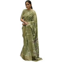 MIRCHI FASHION Womens Silk Blend Ikkat Block Printed Saree with Blouse Piece (42031-Olive Green, Off White, Brown)