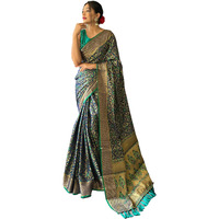 SGF11 Womens Kanjivaram patola Soft Lichi Silk Sarees With Unstitched Blouse Piece (Dark Blue/Green)