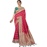 MANOHARI Banarasi Silk Woven Women, Pink Saree With Heavy Embroidery Blouse Piece_Mn1903