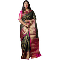AMIRAT CLOTHING Banarsi Wedding And Designer Look Litchi Silk Saree With Unstiched Blouse Piece (Black)