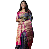 AMIRAT CLOTHING Banarsi Wedding And Designer Look Litchi Silk Saree With Unstiched Blouse Piece (Navy Blue)