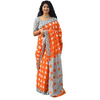 JALTHER Handicrafts Womens Ikat Hand Block Print Jaipuri Cotton Mulmul Saree with Blouse Piece - Orange_288