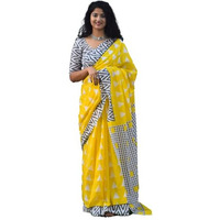 JALTHER Handicrafts Womens Ikat Hand Block Print Jaipuri Cotton Mulmul Saree with Blouse Piece - Yellow_289
