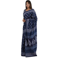 JALTHER Handicrafts Womens Ikat Hand Block Print Jaipuri Cotton Mulmul Saree with Blouse Piece -Blue_19
