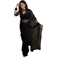 Sidhidata Womens Net Embroidered Sequence Work Saree With Unstitched Blouse Piece (Net Sequence Black_Black_Free Size)