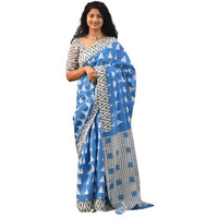 JALTHER Handicrafts Womens Ikat Hand Block Print Jaipuri Cotton Mulmul Saree with Blouse Piece - Turquiose_287